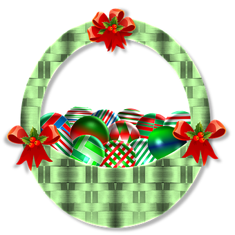 A Basket With Ornaments And Bows PNG
