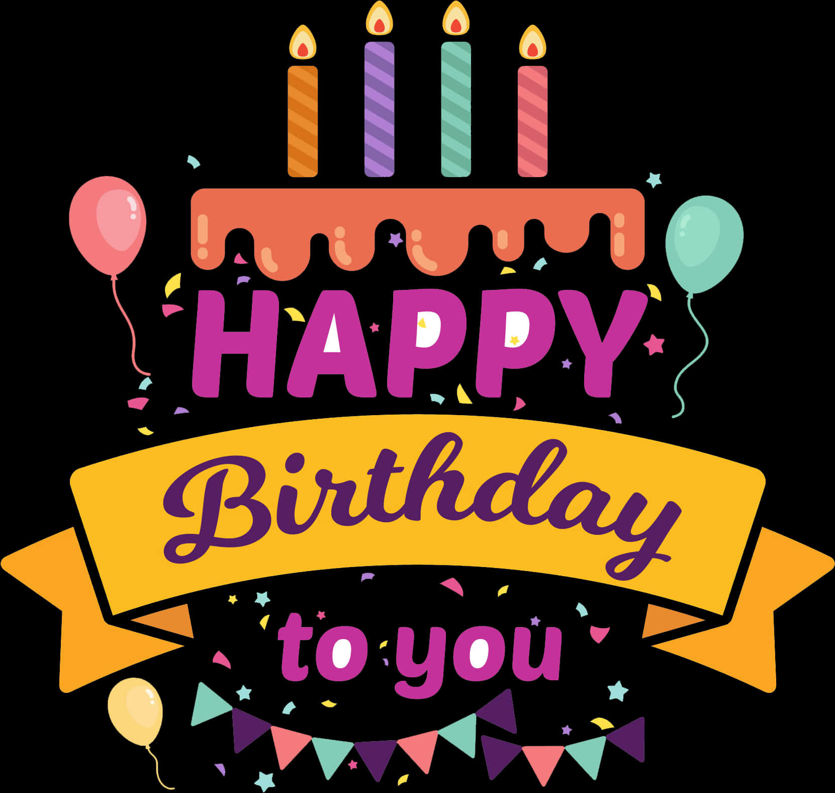 A Birthday Card With Balloons And Candles PNG