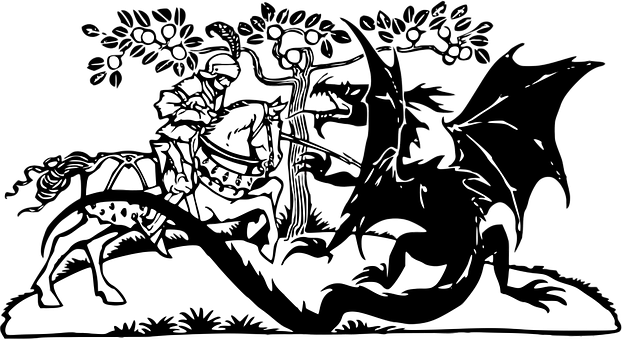 A Black And White Drawing Of A Man Riding A Horse And A Dragon PNG