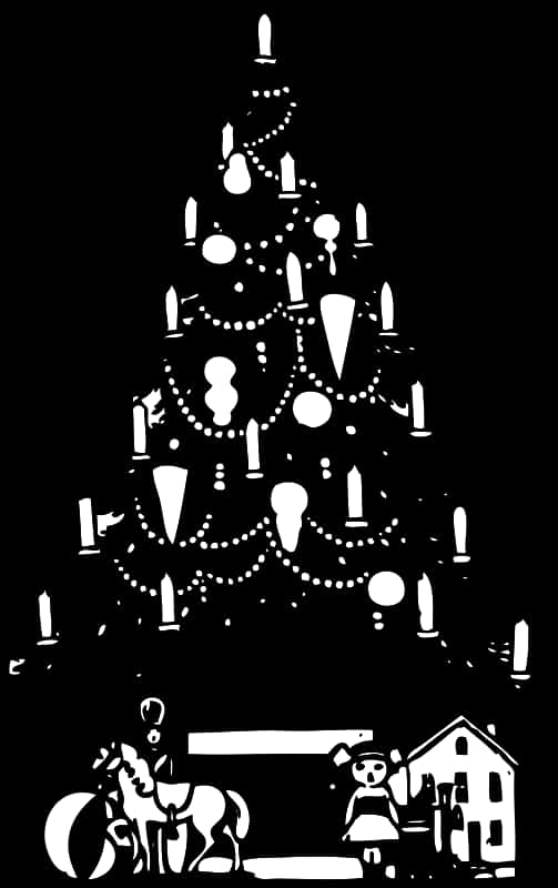 A Black And White Image Of A Christmas Tree PNG