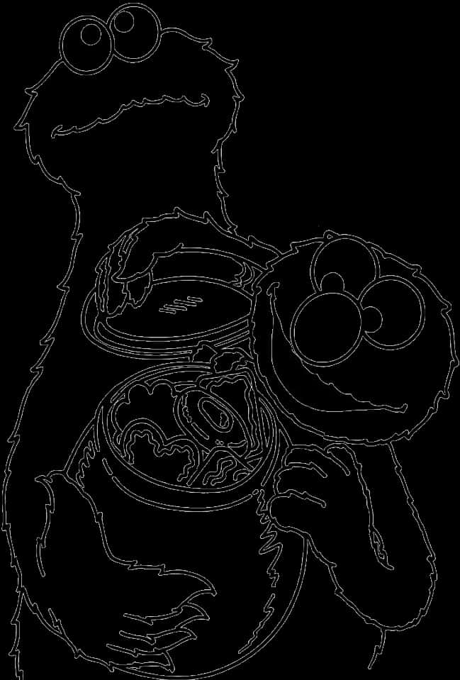 A Black And White Outline Of A Cartoon Monster PNG
