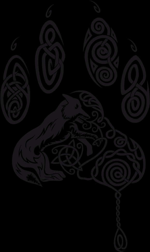 A Black Background With A Wolf And Celtic Patterns PNG