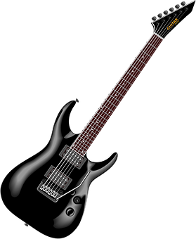 A Black Electric Guitar With Brown Strings PNG