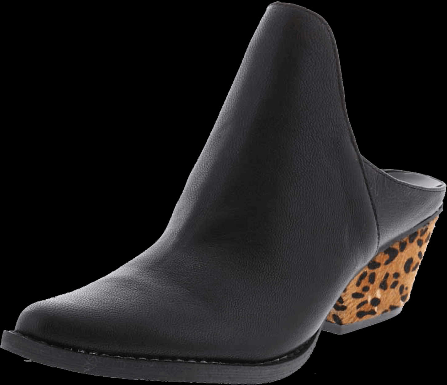 A Black Leather Shoe With Leopard Print On The Heel