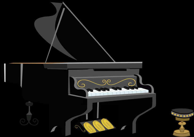 A Black Piano With Gold And Silver Accents