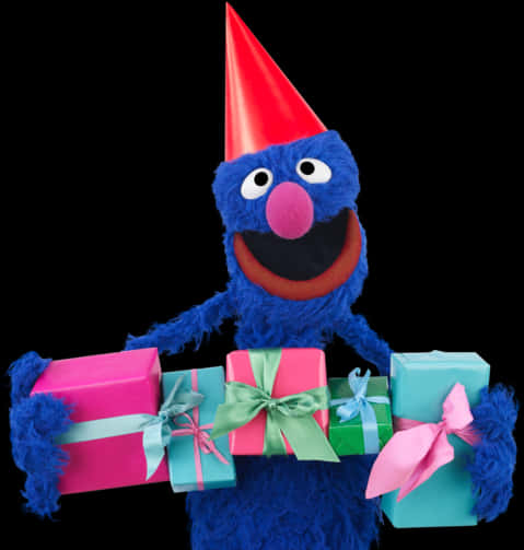 A Blue Puppet Holding Presents