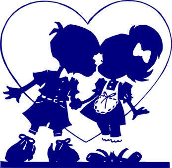 A Blue Silhouette Of A Boy And Girl Kissing
