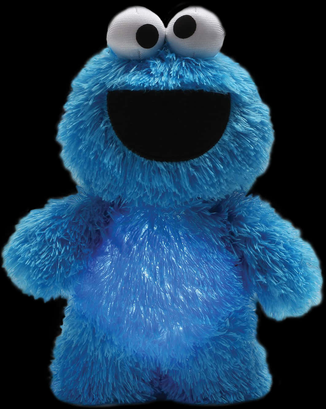A Blue Stuffed Animal With White Eyes And A Black Background PNG