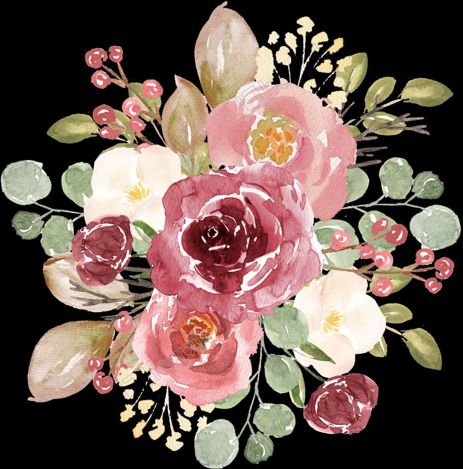 A Bouquet Of Flowers On A Black Background PNG