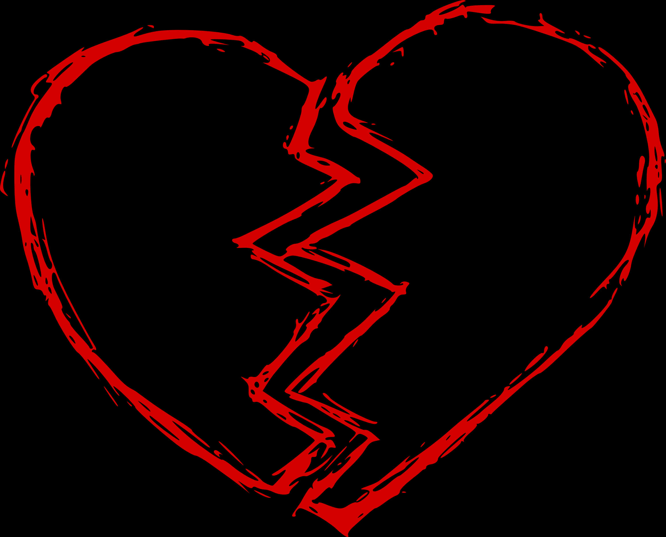 A Broken Heart Drawn In Red On A Black Background PNG