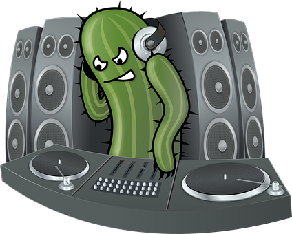 A Cactus With Headphones On A Dj Table PNG