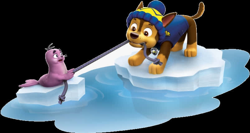 A Cartoon Character Pulling A Cat On An Ice Floe PNG