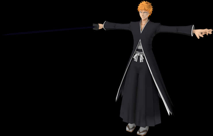 A Cartoon Character With Orange Hair And Black Outfit Holding A Sword PNG