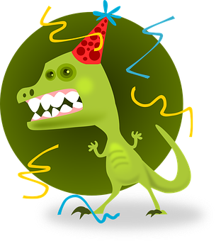 A Cartoon Dinosaur Wearing A Party Hat PNG