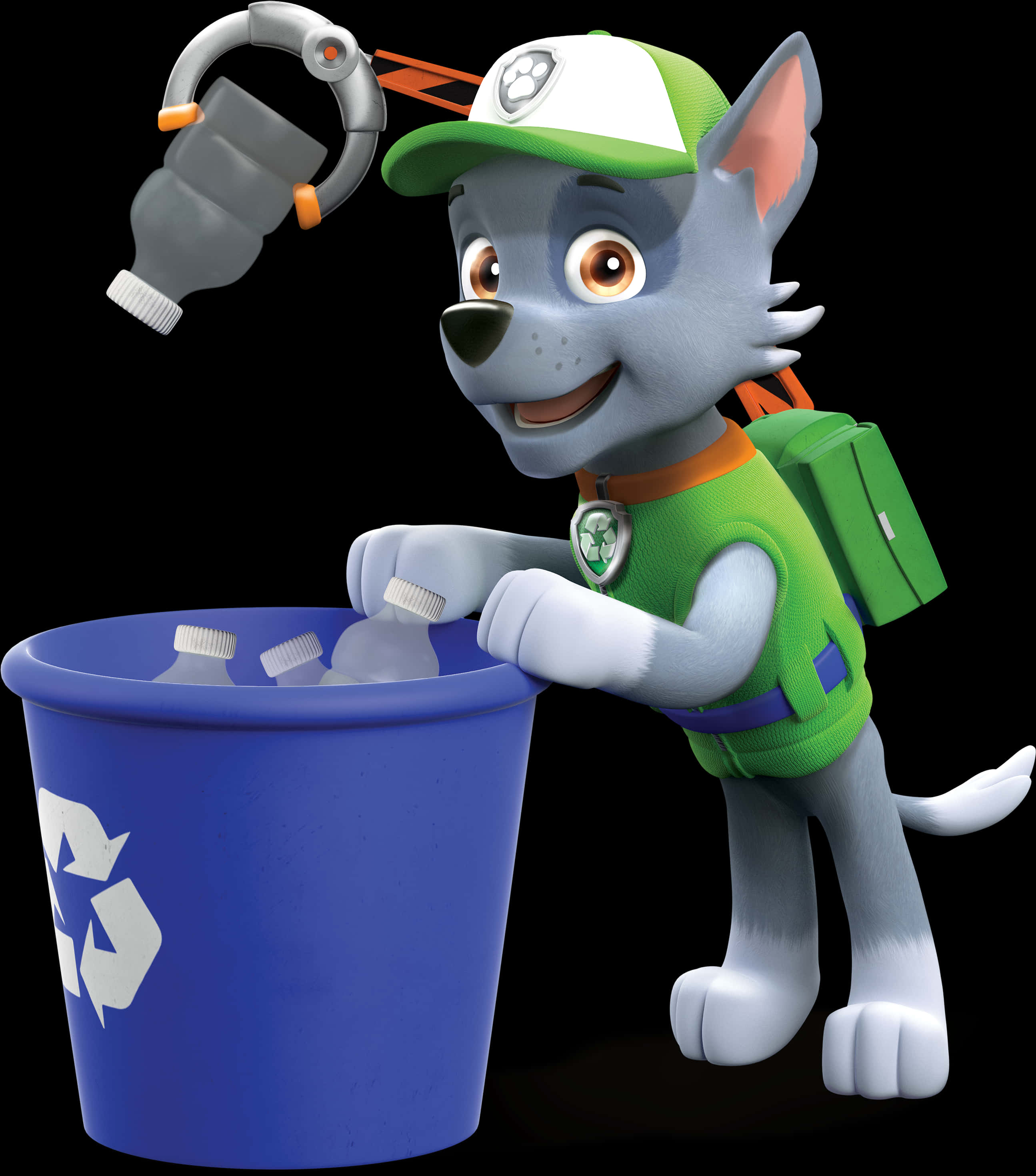 A Cartoon Dog With A Green Hat And Green Backpack Leaning On A Blue Trash Can PNG