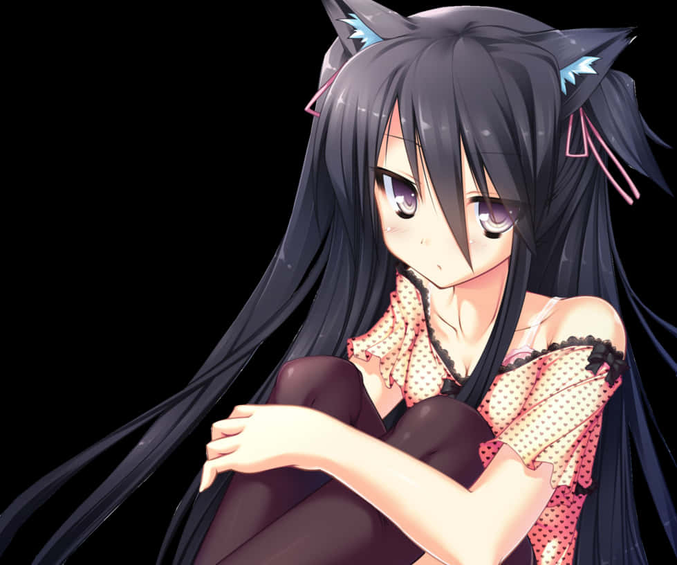 A Cartoon Girl With Long Black Hair And Cat Ears PNG