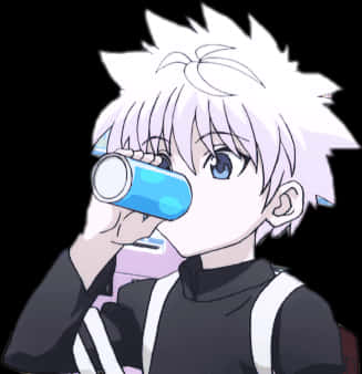 A Cartoon Of A Boy Drinking From A Can PNG