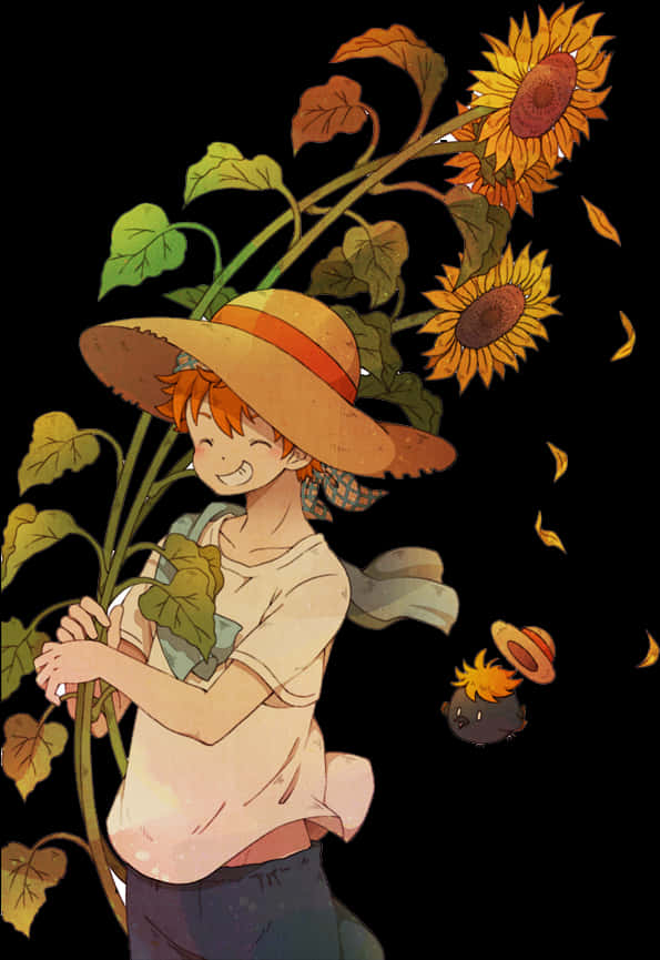 A Cartoon Of A Boy Holding A Plant With Sunflowers PNG