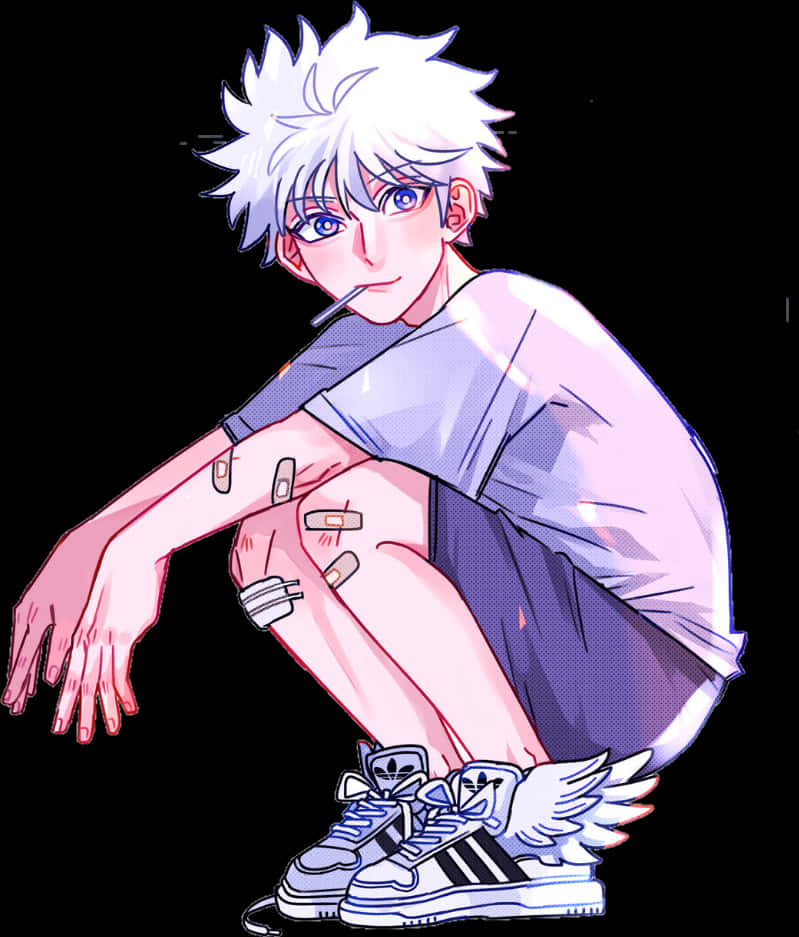 A Cartoon Of A Boy With White Hair And Bandages On His Knee PNG