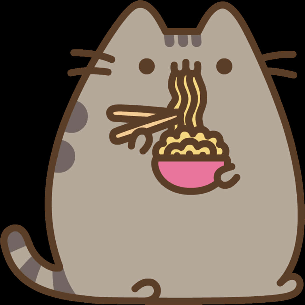 A Cartoon Of A Cat Eating Noodles PNG