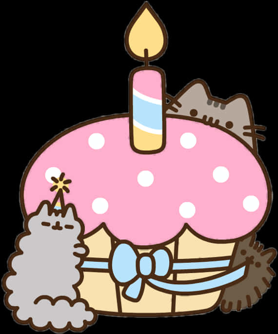 A Cartoon Of A Cupcake With A Candle And Cats PNG