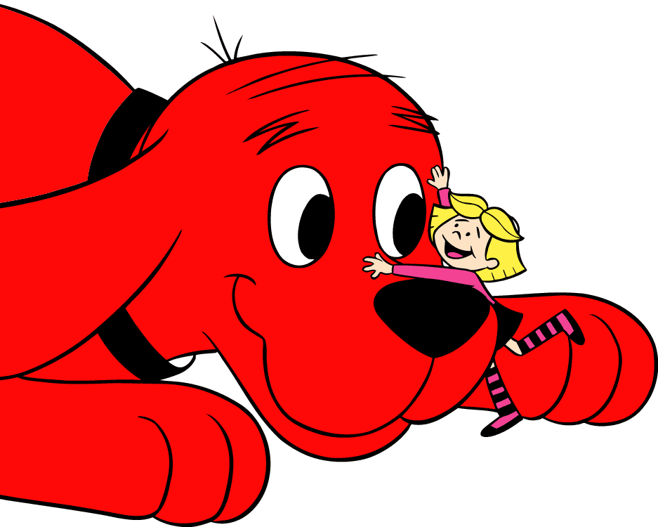 A Cartoon Of A Girl Hugging A Red Dog