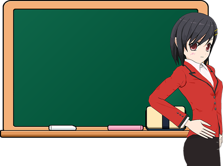 A Cartoon Of A Girl In Front Of A Chalkboard PNG