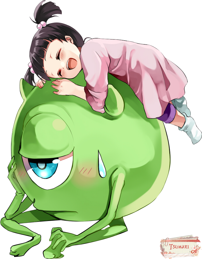 A Cartoon Of A Girl Lying On A Green Monster PNG