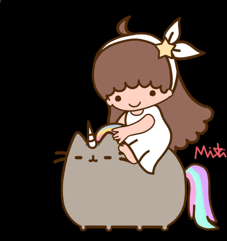A Cartoon Of A Girl Sitting On A Cat PNG