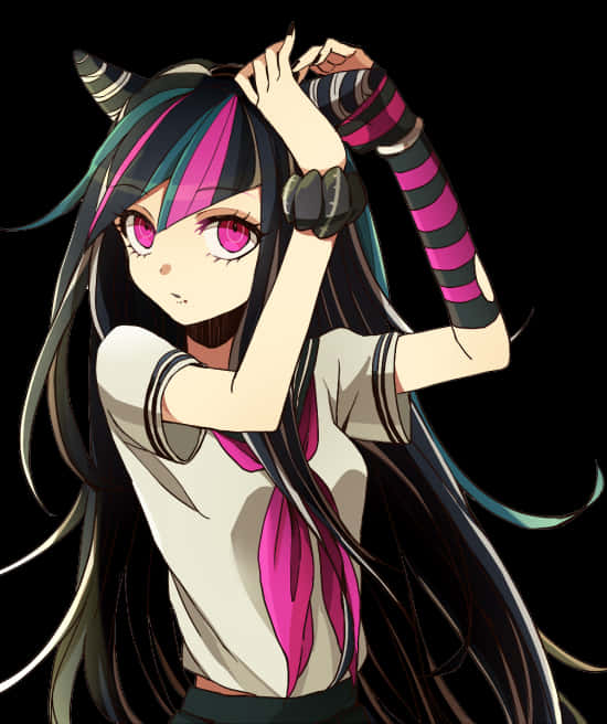 A Cartoon Of A Girl With Long Black Hair And Pink And Purple Striped Arm Bands