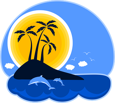 A Cartoon Of A Island With Palm Trees And Dolphins PNG
