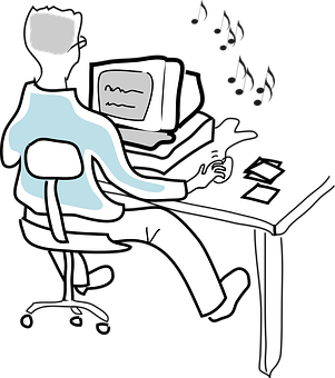 A Cartoon Of A Man Sitting At A Desk With A Computer PNG