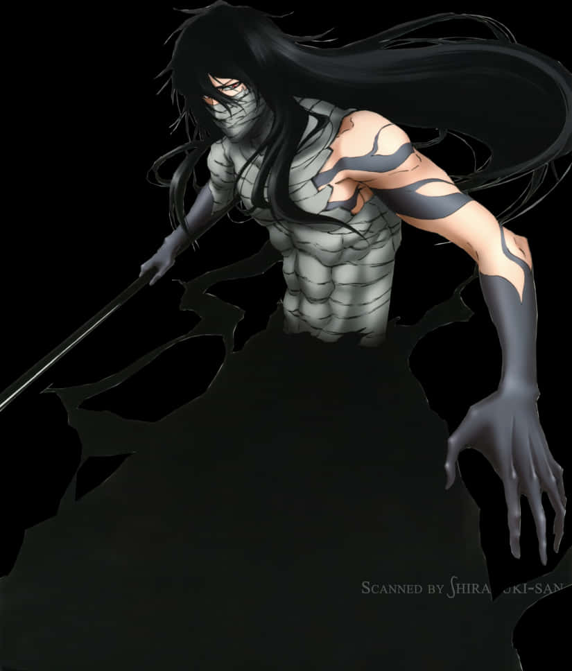 A Cartoon Of A Man With Long Black Hair Holding A Sword PNG