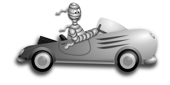 A Cartoon Of A Mummy Driving A Convertible Car PNG