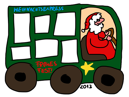 A Cartoon Of A Santa Claus In A Green Train PNG