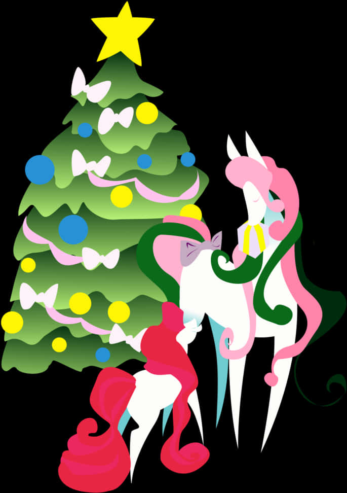 A Cartoon Of A Unicorn And A Christmas Tree
