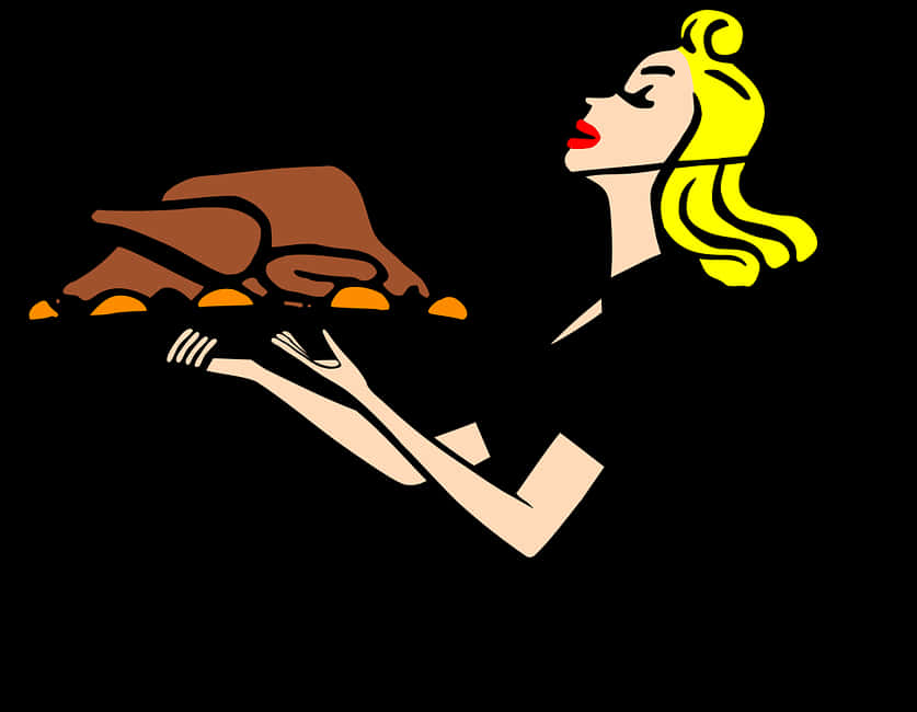 A Cartoon Of A Woman Holding A Turkey