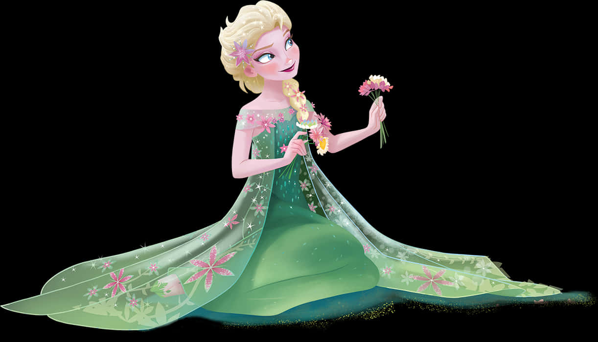 A Cartoon Of A Woman In A Green Dress Holding Flowers PNG