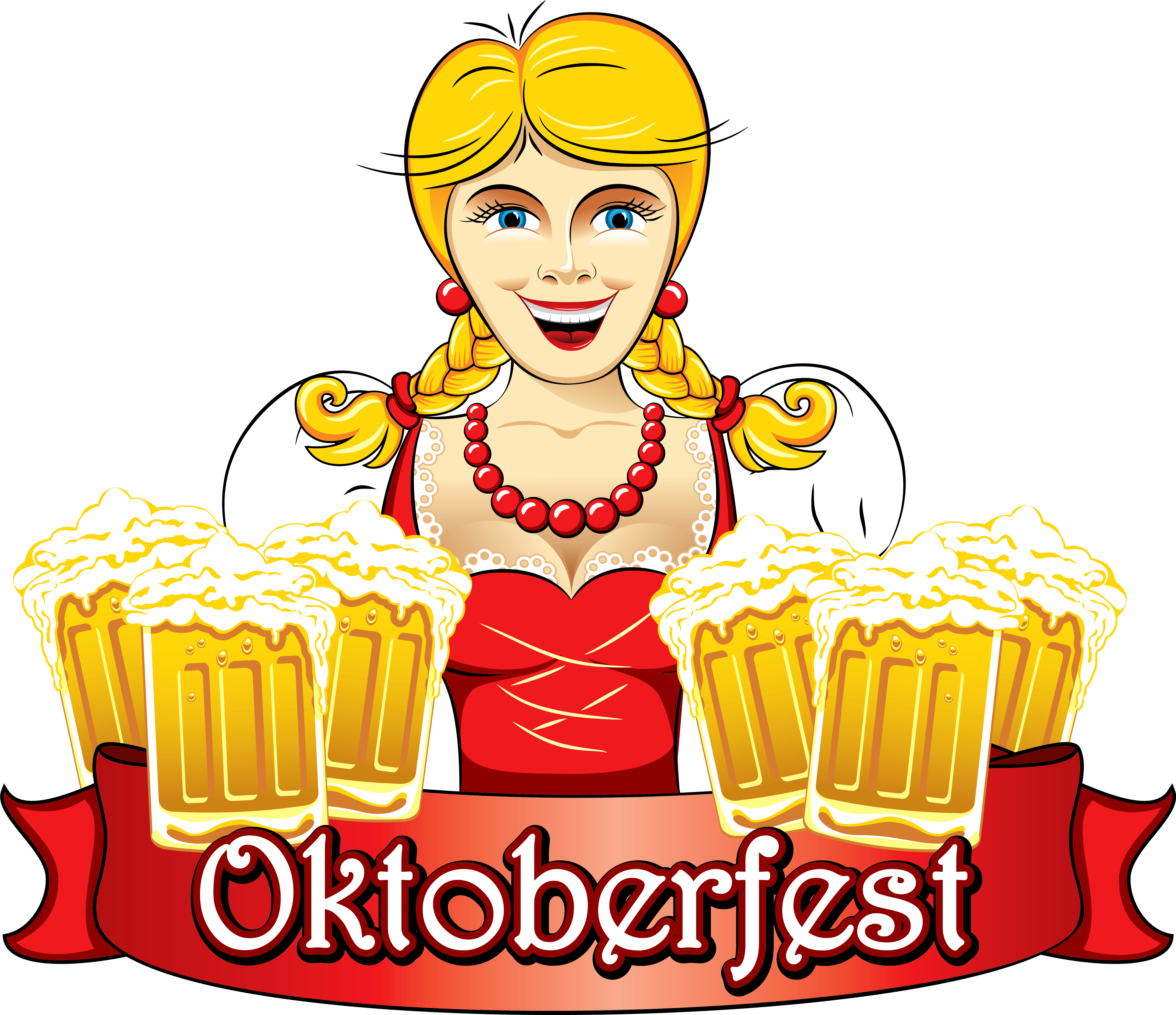 A Cartoon Of A Woman With A Red Dress And A Red Ribbon With Beer