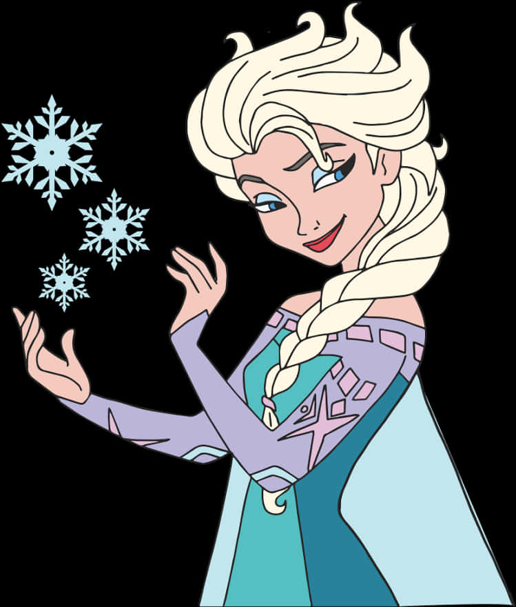 A Cartoon Of A Woman With Snowflakes PNG