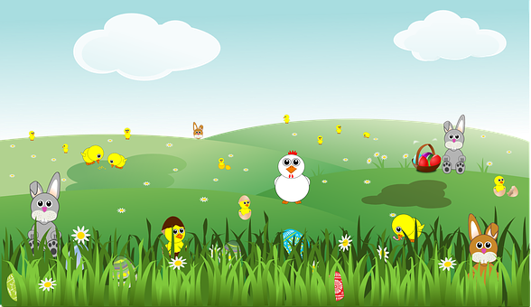 A Cartoon Of Chickens And Eggs In A Grassy Field PNG