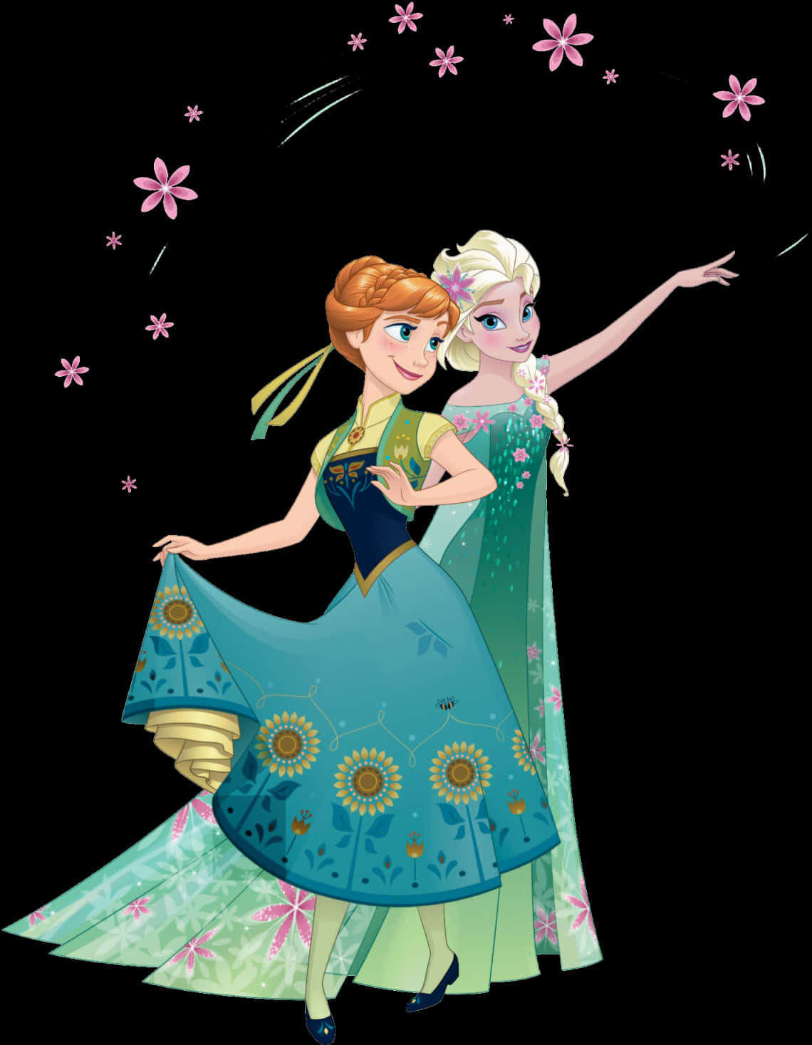A Cartoon Of Two Women In Dresses PNG