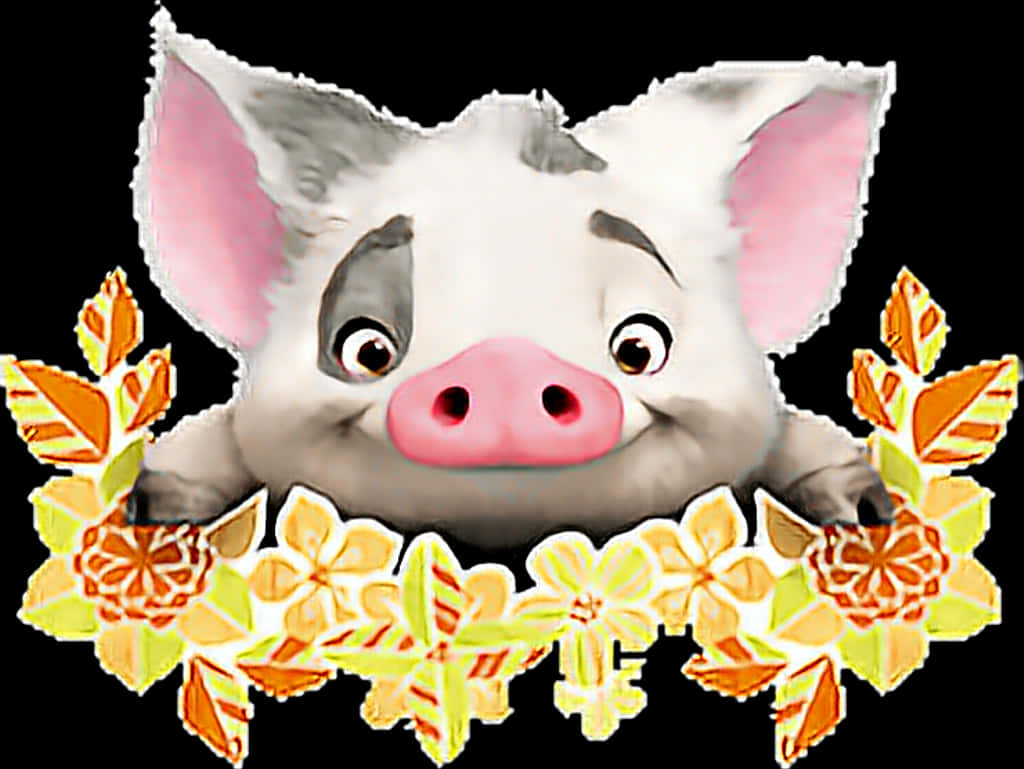 A Cartoon Pig With Flowers