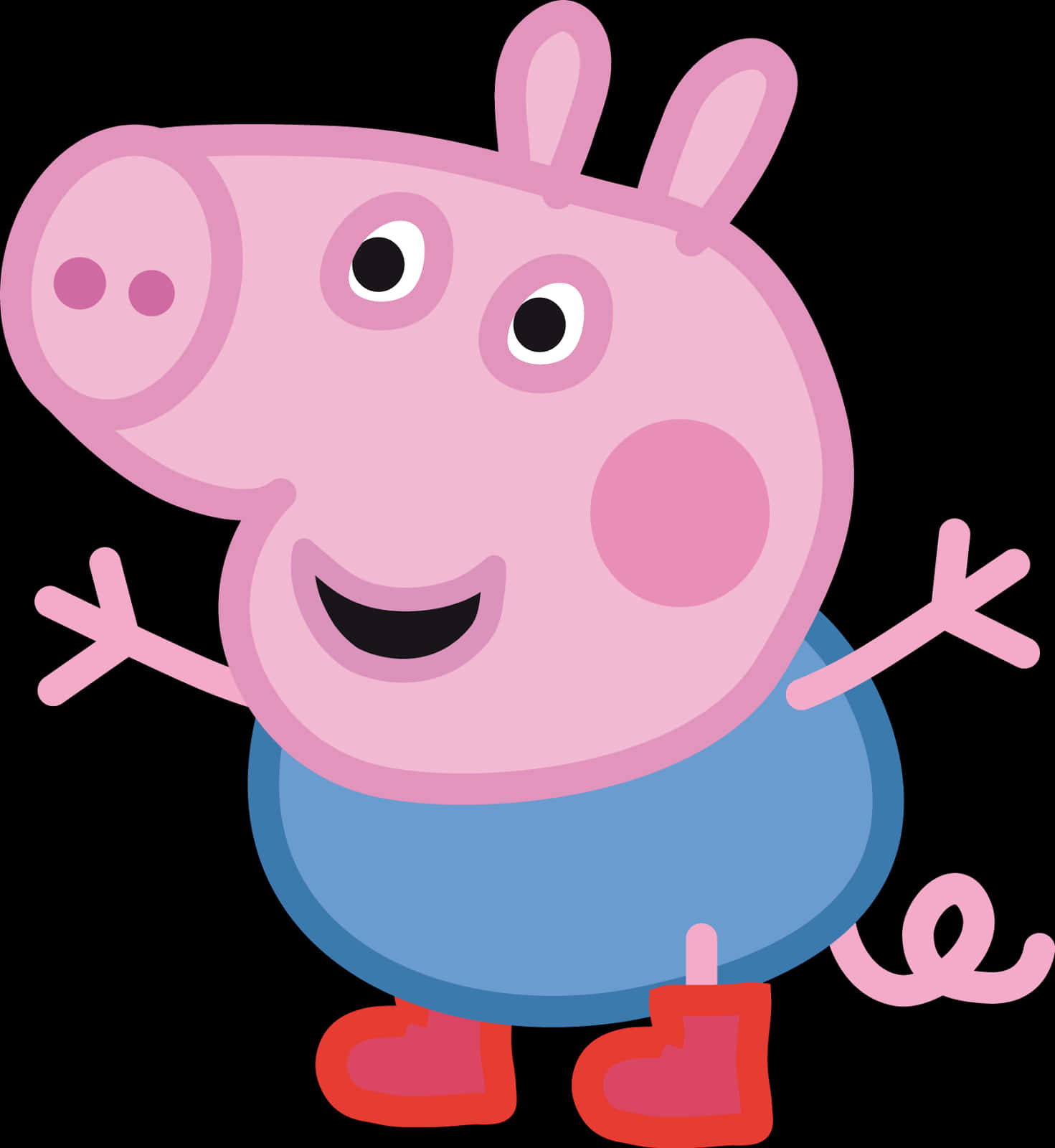 A Cartoon Pig With Red Shoes And Blue Pants PNG