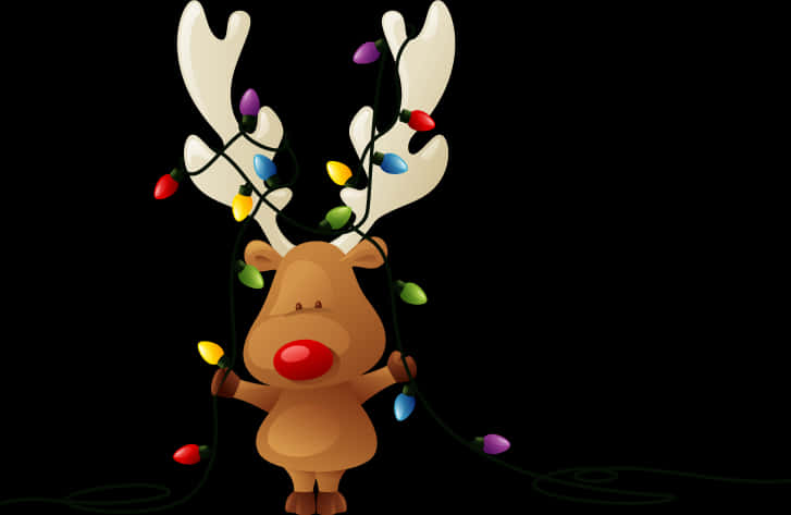 A Cartoon Reindeer Holding A String Of Lights PNG