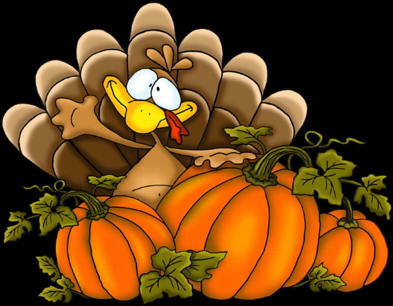 A Cartoon Turkey Sitting On Pumpkins PNG