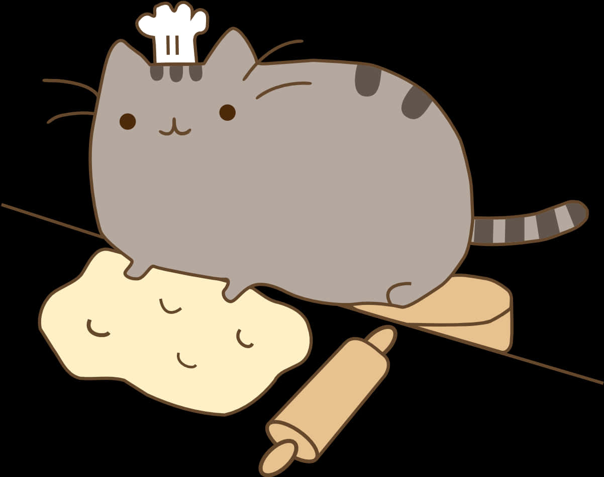 A Cat With A Chef Hat On Top Of Dough And Rolling Pin