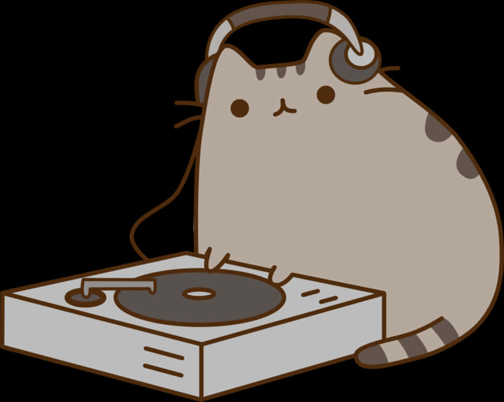 A Cat With Headphones And A Record Player PNG