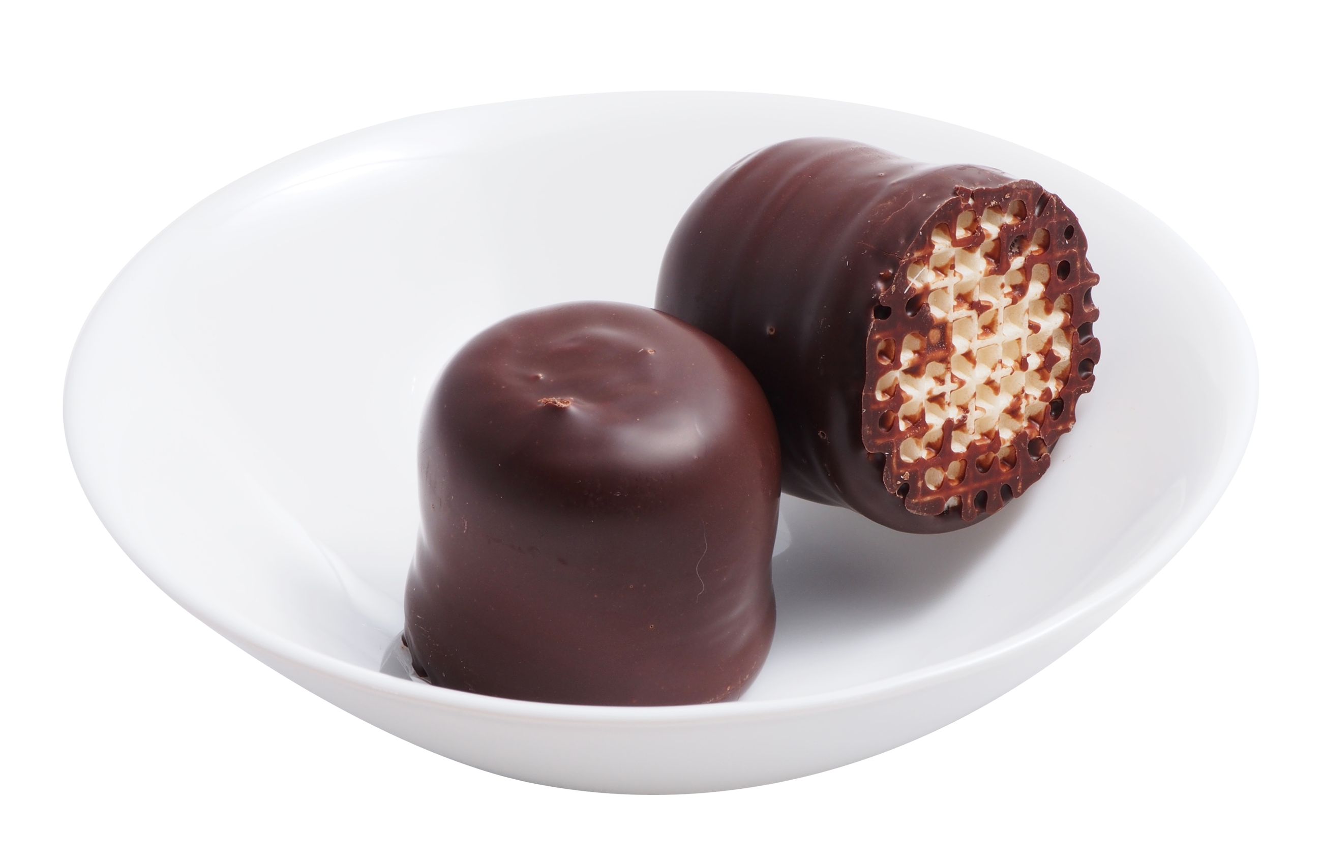 A Chocolate Covered Marshmallows On A White Plate PNG