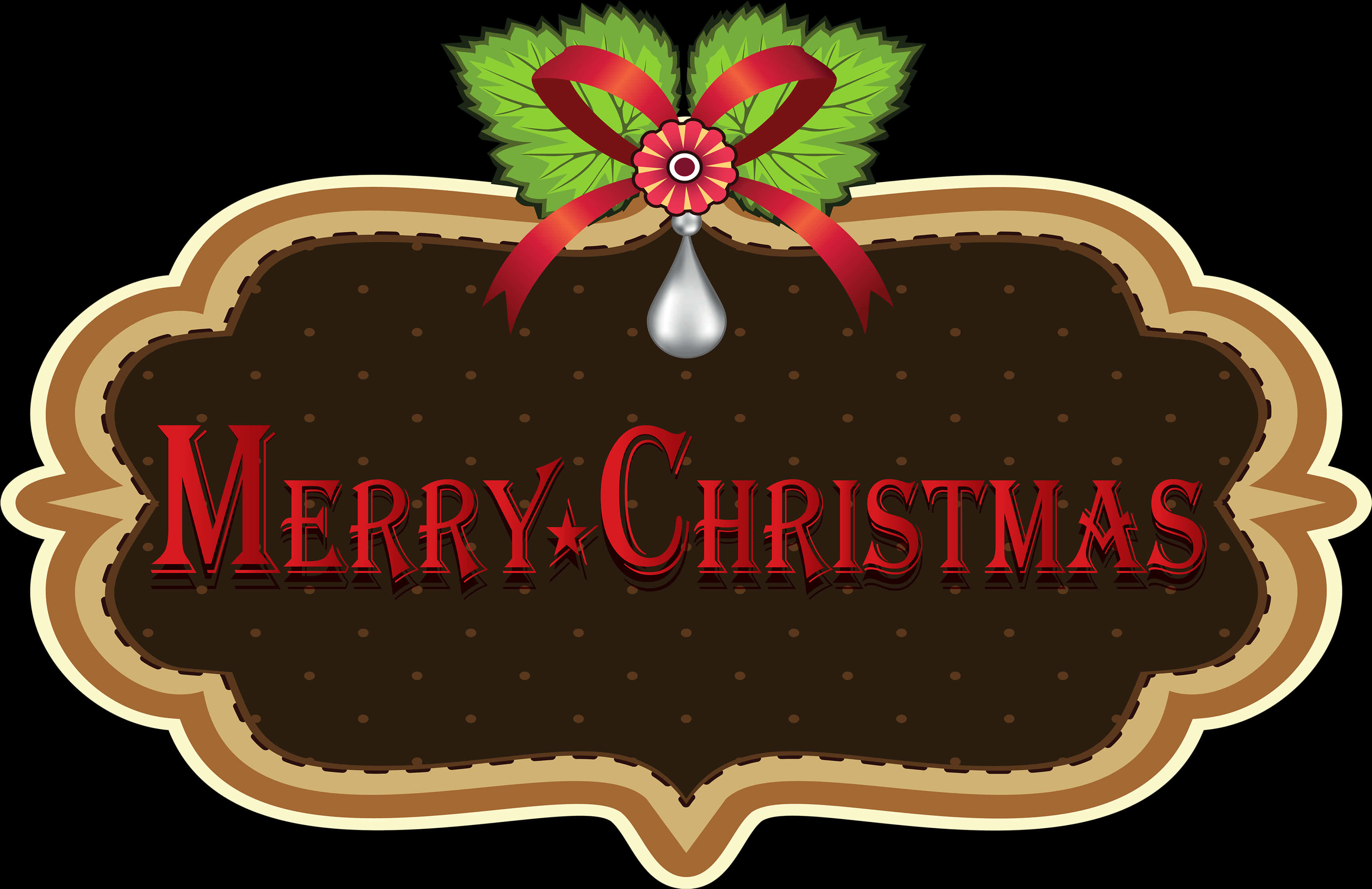A Christmas Card With A Bow And Leaves PNG